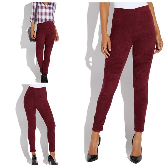 •Lets Go Moto•Wine Red Faux Suede Leggings - Picture 2 of 3